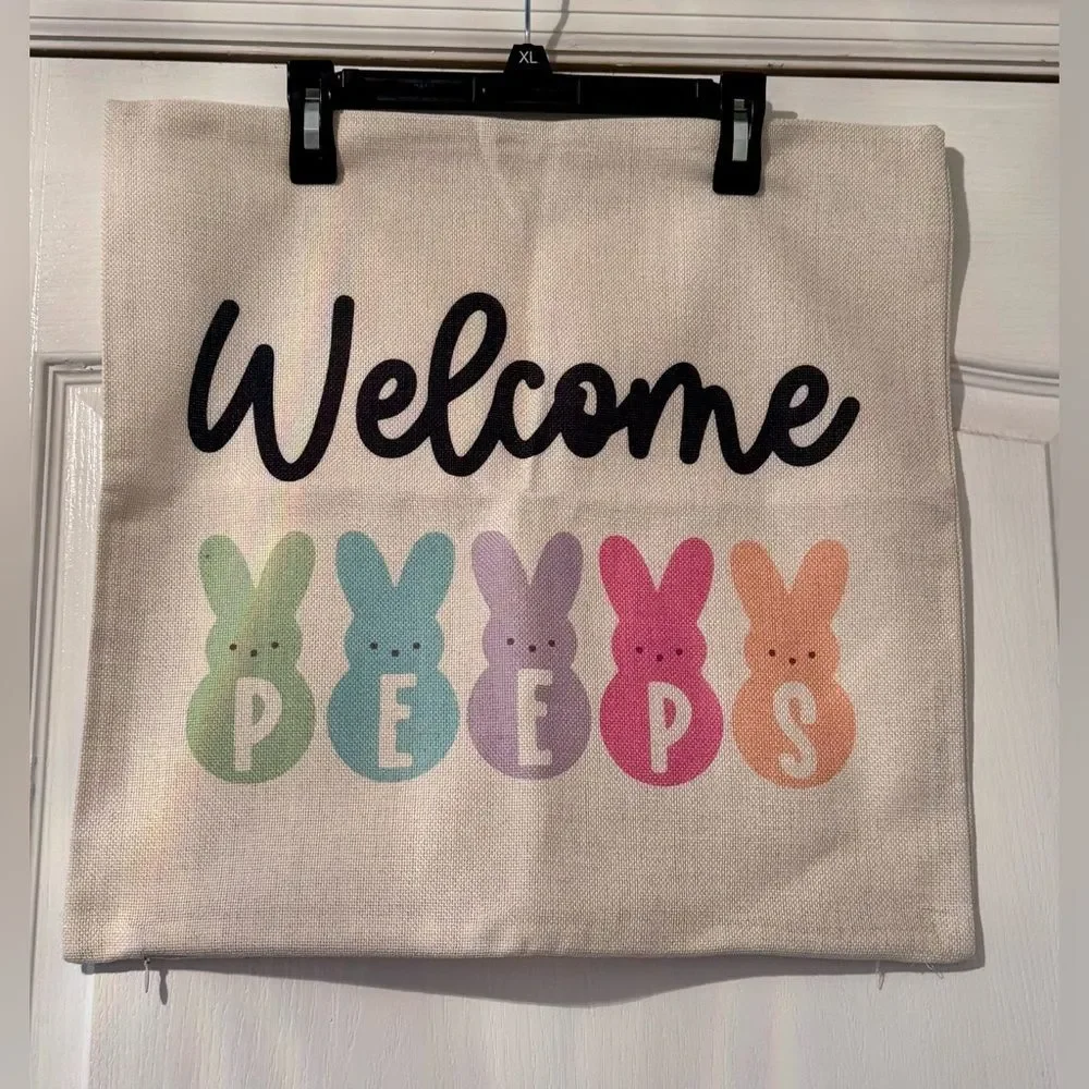 Easter Set of 4 Burlap Pillow Cover Hip Hop Happy Easter Blessings Welcome Peeps